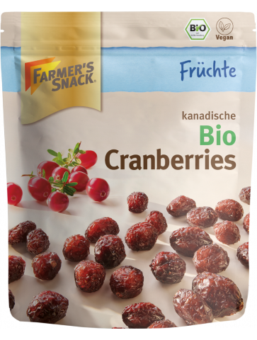 Opakowanie suszonej organicznej żurawiny 100 g z logo Farmer's Snack, pieczęcią ekologiczną i etykietą wegańską