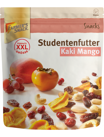 Bolsa con base de Mezcla de frutos secos con Caqui y Mango 300g con logotipo Farmer's Snack, XXL y etiquetado vegano