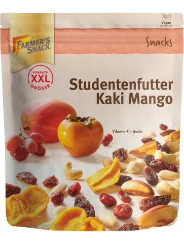 Freestanding packaging for trail mix Kaki Mango 300g with Farmer's Snack logo, XXL and vegan labelling