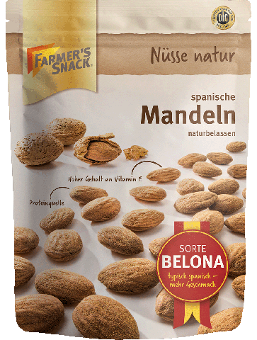 Freigestellte Verpackung von spanischen Mandeln naturbelassen 200g mit Farmer's Snack Logo und Sorte Belona-Kennzeichnung und DLG-Logo