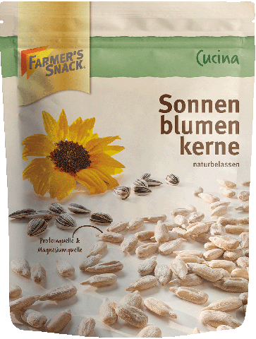Freigestellte Verpackung von Sonnenblumenkernen 250g mit Farmer's Snack Logo und Vegan-Kennzeichnung