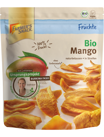 Wolnostojące opakowanie organicznego mango 100 g z logo Farmer's Snack, wegańskie i certyfikowane organiczne z projektem zakłócającym pochodzenie