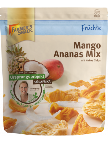 Opakowanie Mieszanka mango z ananasem 130 g z logo Farmer's Snack, zakłócające projekt pochodzenia z Afryki i wegańskie etykiety