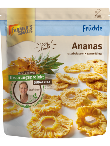 Opakowanie ananasa 120 g z logo Farmer's Snack, etykietą wegańską i informacją o pochodzeniu