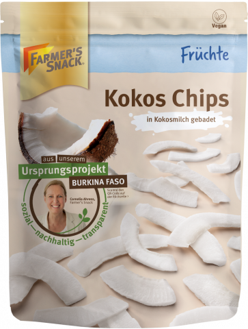 Bolsa con base de chips de coco de 100 g con el logotipo de Farmer's Snack y etiquetado vegano