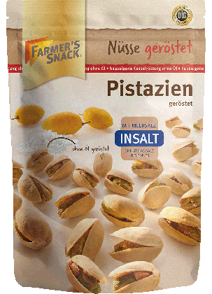 Freigestellte Verpackung von Pistazien InSalt mit Schale 150g mit Farmer's Snack Logo und DLG-Logo.