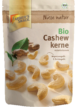 Freigestellte Verpackung von Bio Cashewkernen 150g mit Farmer's Snack Logo und Bio-Siegel