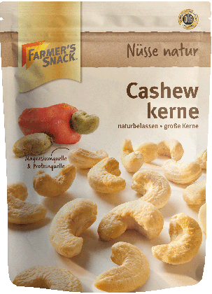Freigestellte Verpackung von naturbelassenen Cashewkernen 175g mit Farmer's Snack Logo und DLG-Logo