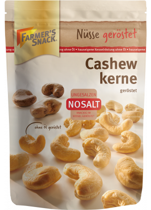 Freigestellte Verpackung von Cashewkernen NoSalt 150g mit Farmer's Snack Logo, Nosalt Logo und Vegan-Siegel