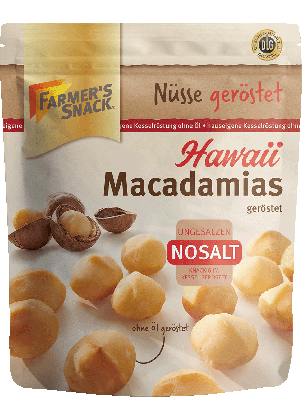 Freigestellte Verpackung von gerösteten Hawaii Macadamias NoSalt mit Farmer's Snack Logo, Vegan-Kennzeichnung