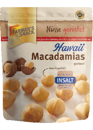 Freigestellte Verpackung von gerösteten Hawaii Macadamias InSalt mit Farmer's Snack Logo, Vegan-Kennzeichnung