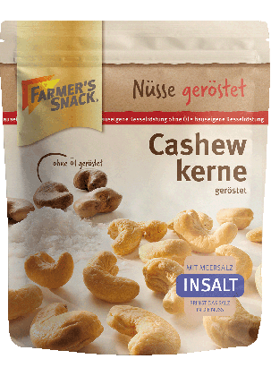 Freigestellte Verpackung von Cashewkernen InSalt 125g mit Farmer's Snack Logo, Insalt- und DLG-Logo