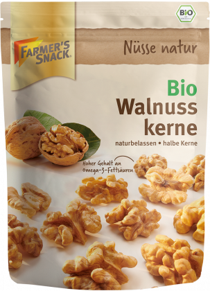 Freigestellte Verpackung von Bio Walnusskernen 110g mit Farmer's Snack Logo und Bio-Siegel