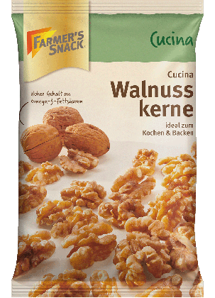 Freigestellte Verpackung von Cucina Walnusskernen 200g mit Farmer's Snack Logo und Vegan-Kennzeichnung