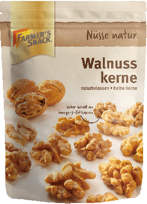 Freigestellte Verpackung von Walnusskernen 120g mit Farmer's Snack Logo und Vegan-Kennzeichnung.