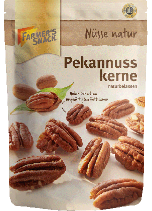 Freigestellte Verpackung von Pekannusskernen 125g mit Farmer's Snack Logo