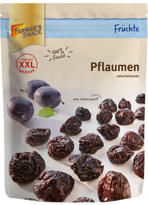 Freigestellte Verpackung von getrockneten Pflaumen 500g mit Farmer's Snack Logo und XXL-Kennzeichnung