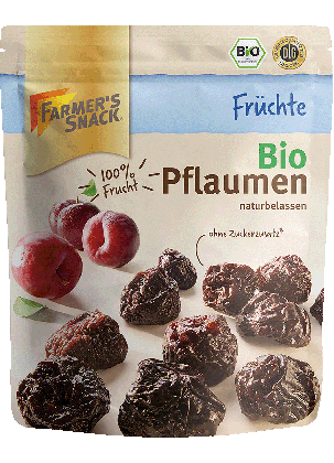Freigestellte Verpackung von getrockneten Bio Pflaumen 150g mit Farmer's Snack Logound Bio-Kennzeichnung