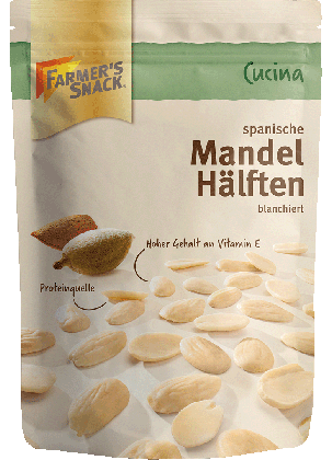 Freigestellte Verpackung von Cucina spanische Mandel Hälften blanchiert mit Vegan-Kennzeichnung