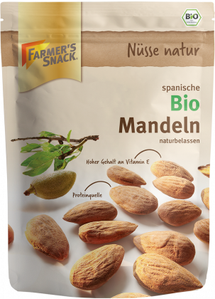 Freigestellte Verpackung von spanische Bio Mandeln naturbelassen mit Bio-Siegel 