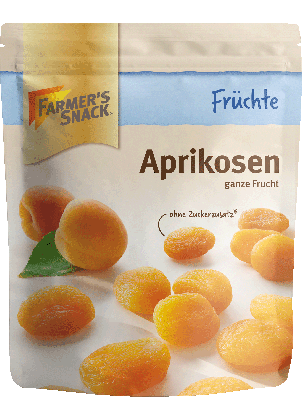 Freigestellte Verpackung von getrockneten Aprikosen 150g mit Farmer's Snack Logo, Ohne-Zuckerzusatz-Kennzeichnung