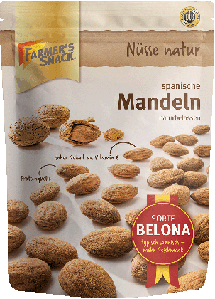Freigestellte Verpackung von spanischen Mandeln naturbelassen 200g mit Farmer's Snack Logo und Sorte Belona-Kennzeichnung und DLG-Logo
