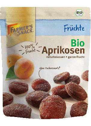 Freigestellte Verpackung von getrockneten Bio Aprikosen 150g mit Farmer's Snack Logo und Bio-Siegel 