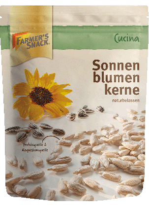 Freigestellte Verpackung von Sonnenblumenkernen 250g mit Farmer's Snack Logo und Vegan-Kennzeichnung