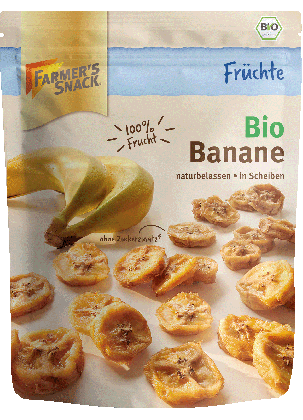 Freigestellte Verpackung von getrockneten Bio Bananen 150g mit Farmer's Snack Logo und Bio-Siegel