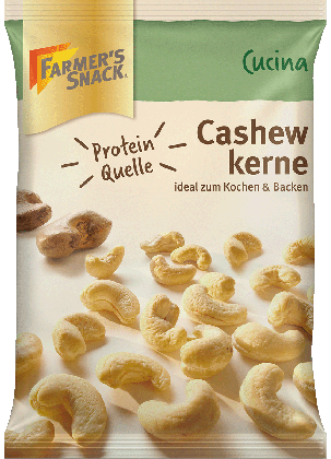 Freigestellte Verpackung von Cucina Cashewkernen 100g mit Farmer's Snack Logo