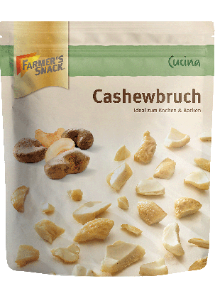 Freigestellte Verpackung von Cucina Cashewbruch ideal zum Kochen & Backen mit Vegan-Kennzeichnung