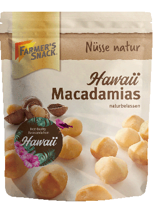 Freigestellte Verpackung von Hawaii Macadamias naturbelassen mit "Best Quality Macadamia from Hawaii"-Störer