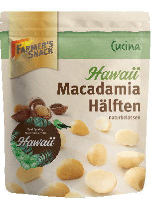 Freigestellte Verpackung von Cucina Hawaii Macadamia Hälften naturbelassen mit "Best Quality Macadamia from Hawaii"-Störer