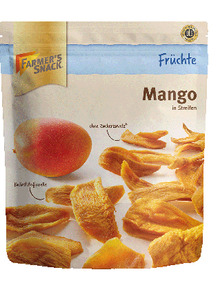Freigestellte Verpackung von Mango 100g mit Farmer's Snack Logo und DLG-Logo