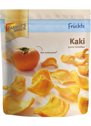 Freigestellte Verpackung von getrockneter Kaki 125g mit Farmer's Snack Logo