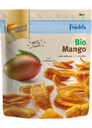 Freigestellte Verpackung von Bio Mango 100g mit Farmer's Snack Logo, vegan und Bio-zertifiziert