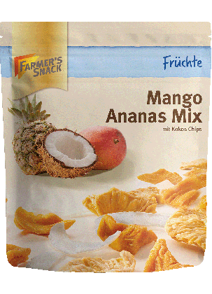 Freigestellte Verpackung von Mango Ananas Mix 130g mit Farmer's Snack Logo