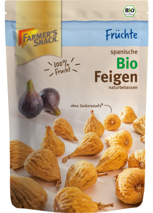 Freigestellte Verpackung von Farmer's Snack spanische Bio Feigen naturbelassen mit 100% Frucht und Bio Siegel.