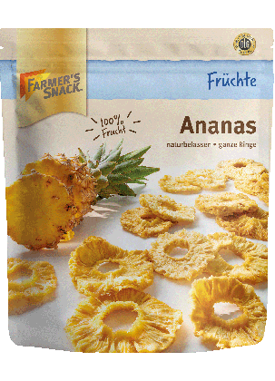 Freigestellte Verpackung von Ananas 120g mit Farmer's Snack Logo