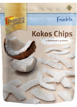 Freigestellte Verpackung von Kokos Chips 100g mit Farmer's Snack Logo