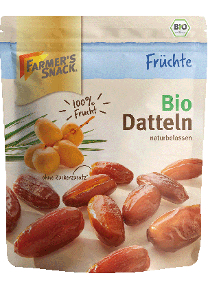 Freigestellte Verpackung von getrockneten Bio Datteln 130g mit Farmer's Snack Logo und Bio-Siegel