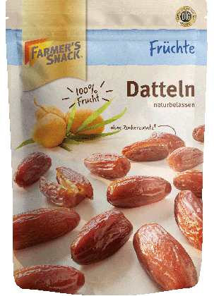 Freigestellte Verpackung von getrockneten Datteln 200g mit Farmer's Snack Logo und DLG-Logo