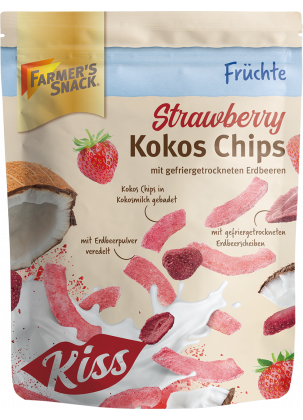 Freigestellte Verpackung von Strawberry Kokos Chips mit gefriergetrockneten Erdbeeren mit Farmer's Snack Logo