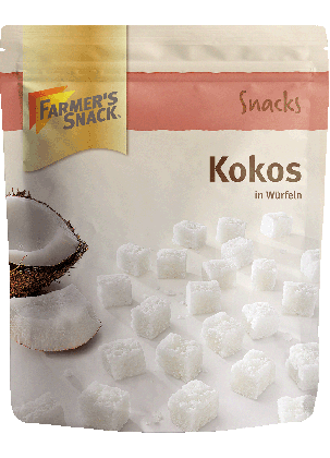 Freigestellte Verpackung von Kokos in Würfeln 100g mit Farmer's Snack Logo und Vegan-Kennzeichnung