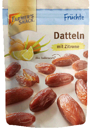 Freigestellte Verpackung von Datteln mit Zitrone