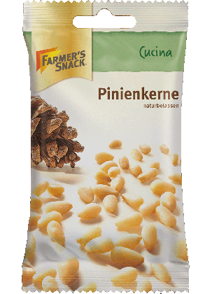 Freigestellte Verpackung von Pinienkernen 30g mit Farmer's Snack Logo