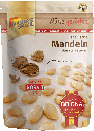 Freigestellte Verpackung von Spanischen Mandeln NoSalt blanchiert 200g mit Farmer's Snack Logo, DLG Logo, NoSalt Logo und Sorte Belona Störer