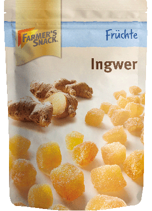 Freigestellte Verpackung von Ingwer mit Farmers Snack-Logo
