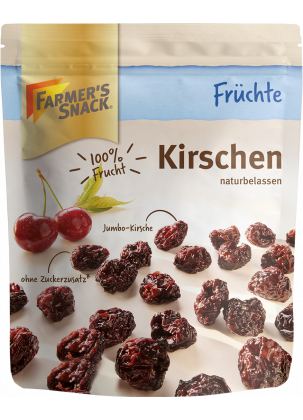 Freigestellte Verpackung von Kirschen naturbelassen mit Farmer's Snack Logo