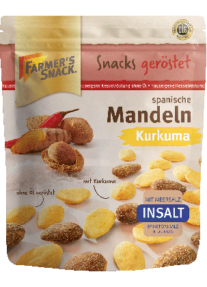 Freigestellte Verpackung Farmer's Snack von spanische Mandeln Kurkuma mit Farmer's Snack Logo